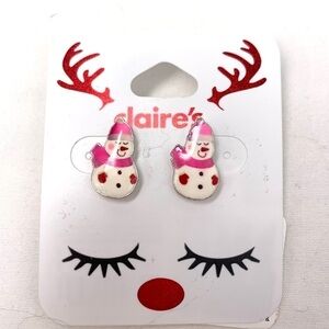 Claire’s Holiday Pierced Earrings-Enamel Snowman Studs, Pink/White NWT